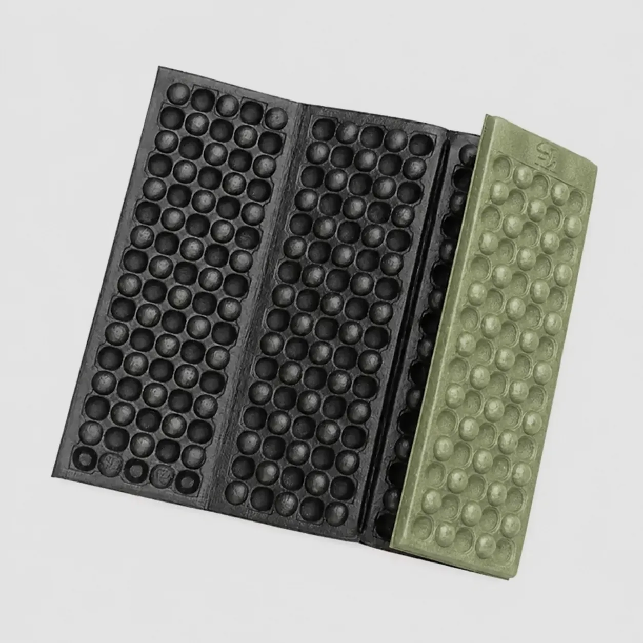Army green outdoor seat pad unfolded to show folding XPE foam panels and raised egg-shaped texture