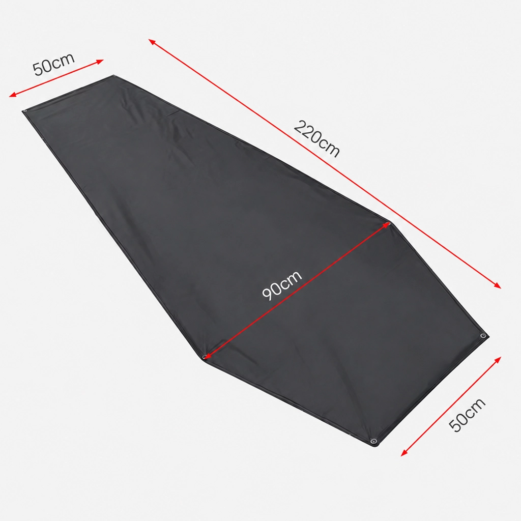 Black Footprint for Vuno Bivvy Bag showing 220cm length, 90cm widest point and 50cm end width