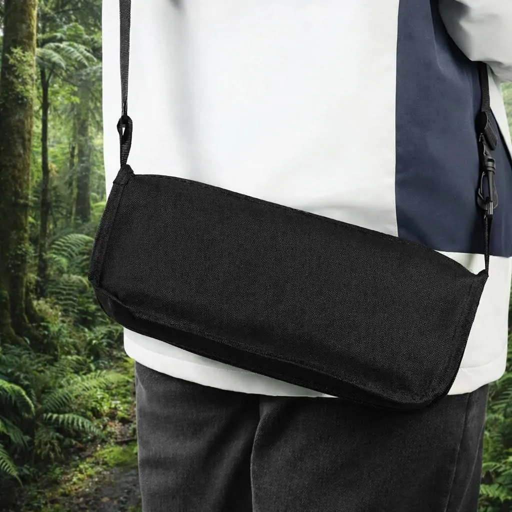 Black foldable stool carried with a shoulder strap for portable outdoor use