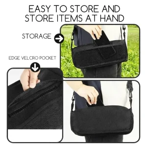 Black foldable stool shown with storage pocket and shoulder strap for carrying small items