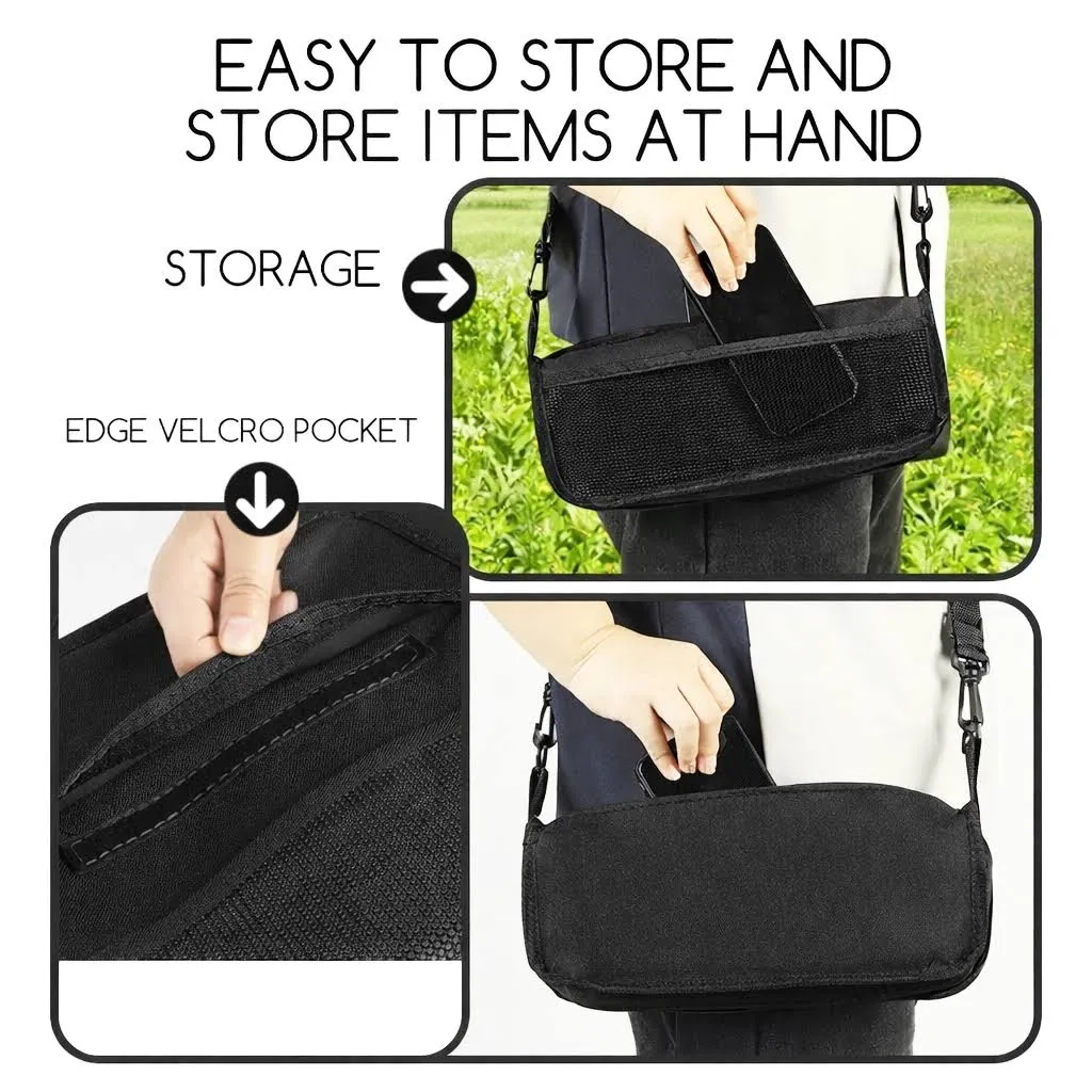 Black foldable stool shown with storage pocket and shoulder strap for carrying small items