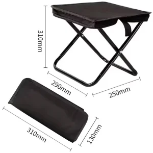 Black foldable stool with 310 mm open height, 290 mm by 250 mm seat size, and 310 mm by 130 mm folded size shown