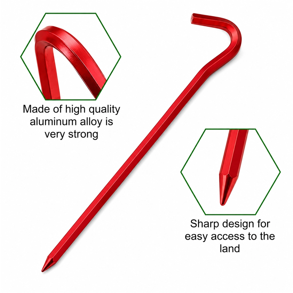 Close view of red aluminium tent stake with pointed tip for ground placement