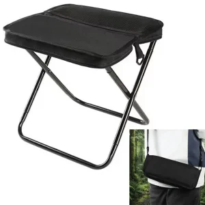 Foldable Stool Black Portable Camping Seat 31cm High with Storage Pocket and Shoulder Strap
