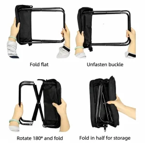 Foldable stool shown folding flat, unfastening the buckle, rotating, and folding in half for storage