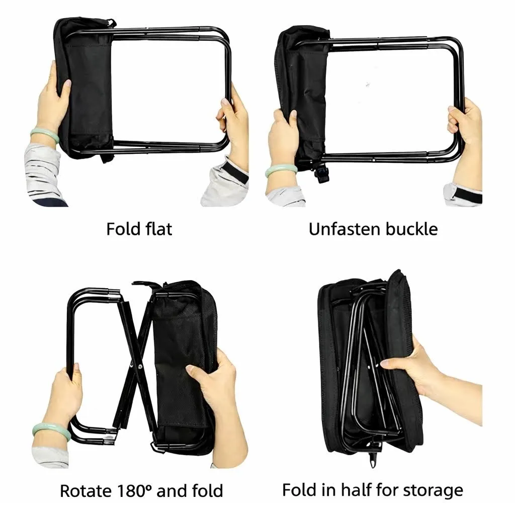 Foldable stool shown folding flat, unfastening the buckle, rotating, and folding in half for storage