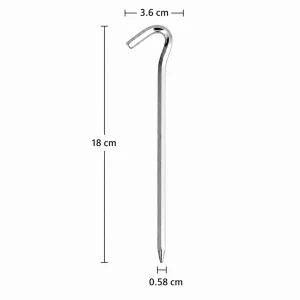 Lightweight tent stake showing 18cm length, 3.6cm hook width and 0.58cm lower width