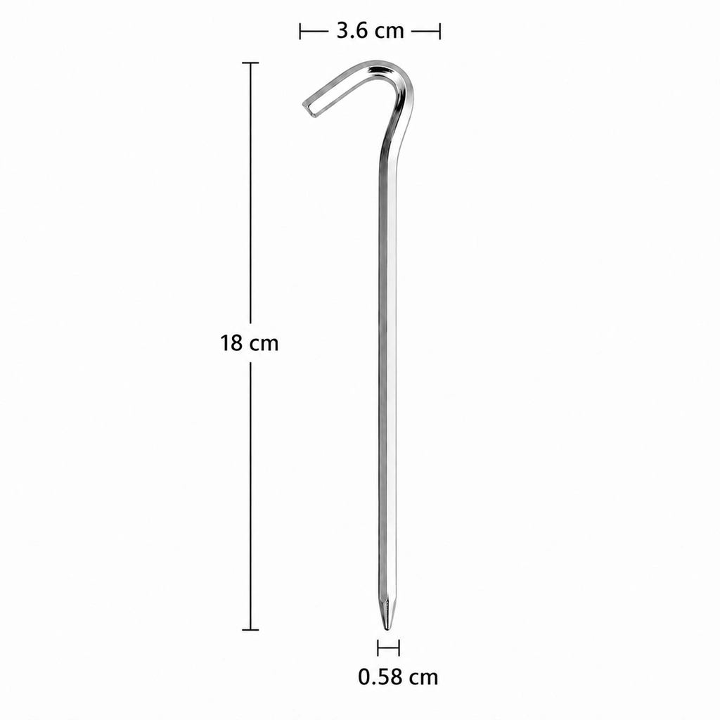 Lightweight tent stake showing 18cm length, 3.6cm hook width and 0.58cm lower width