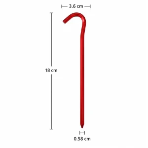 Red tent peg showing 18cm length, 3.6cm hook width and 0.58cm lower width