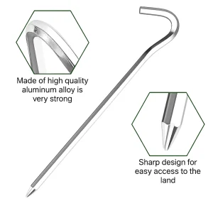 Silver aluminium tent stake with pointed tip and curved hook for securing guy lines