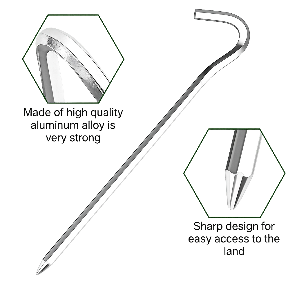 Silver aluminium tent stake with pointed tip and curved hook for securing guy lines