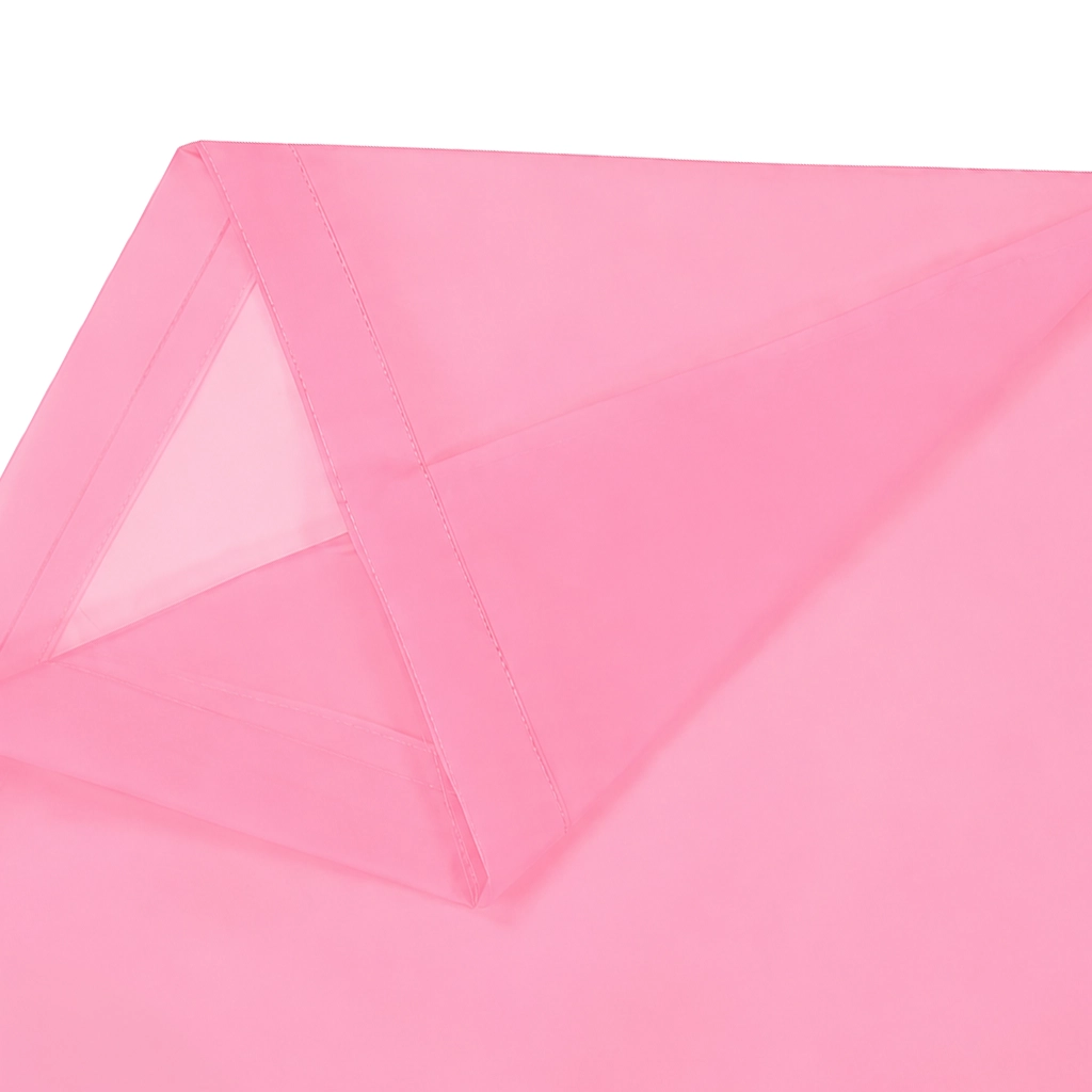 Close up of pink rain poncho side panel showing translucent EVA material and stitched edge