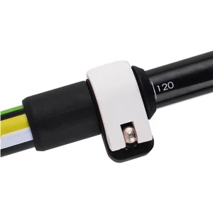 Close-up of the green trekking pole quick-lock adjustment clip and length marking