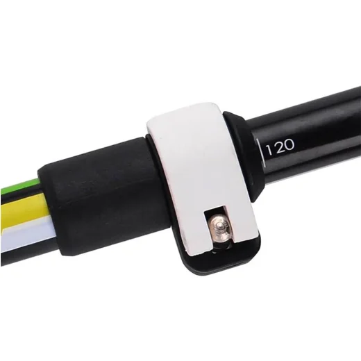 Close-up of the green trekking pole quick-lock adjustment clip and length marking