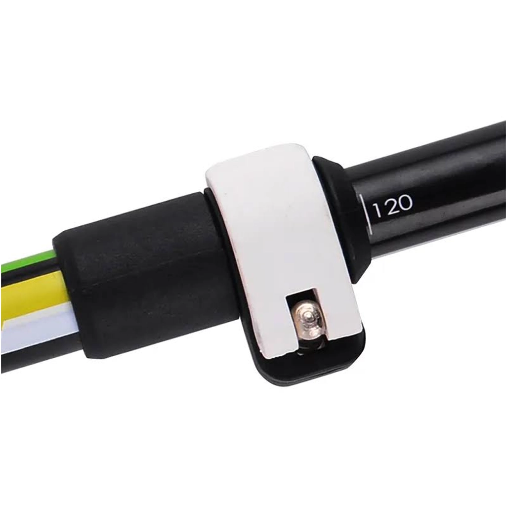 Close-up of the green trekking pole quick-lock adjustment clip and length marking