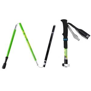 Green folding trekking pole shown in separate sections before being packed down