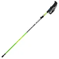 Green trekking pole fully extended with black handle, wrist strap, and rubber tip on a white background