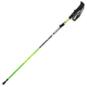 Green trekking pole fully extended with black handle, wrist strap, and rubber tip on a white background