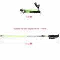 Green trekking pole size guide showing 34 cm folded length and 115 cm extended length for user heights 145 to 170 cm