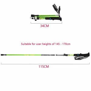 Green trekking pole size guide showing 34 cm folded length and 115 cm extended length for user heights 145 to 170 cm
