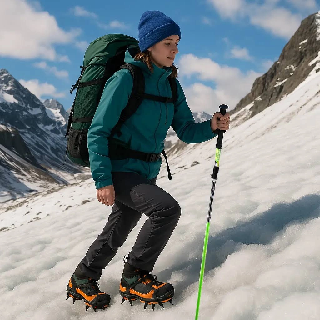 Hiker using a green trekking pole for support while walking on snowy mountain terrain