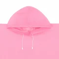 Pink hooded rain poncho laid flat with side snap buttons and adjustable hood drawstrings