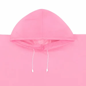 Pink hooded rain poncho laid flat with side snap buttons and adjustable hood drawstrings
