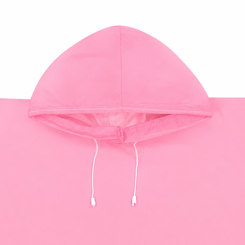 Pink hooded rain poncho laid flat with side snap buttons and adjustable hood drawstrings