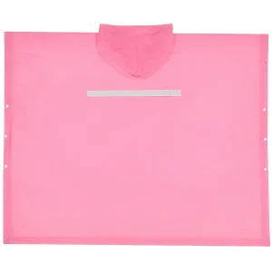 Pink rain poncho laid flat showing back reflective strip