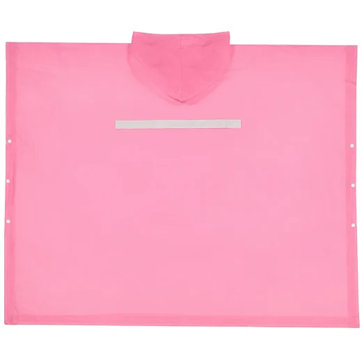 Pink rain poncho laid flat showing back reflective strip