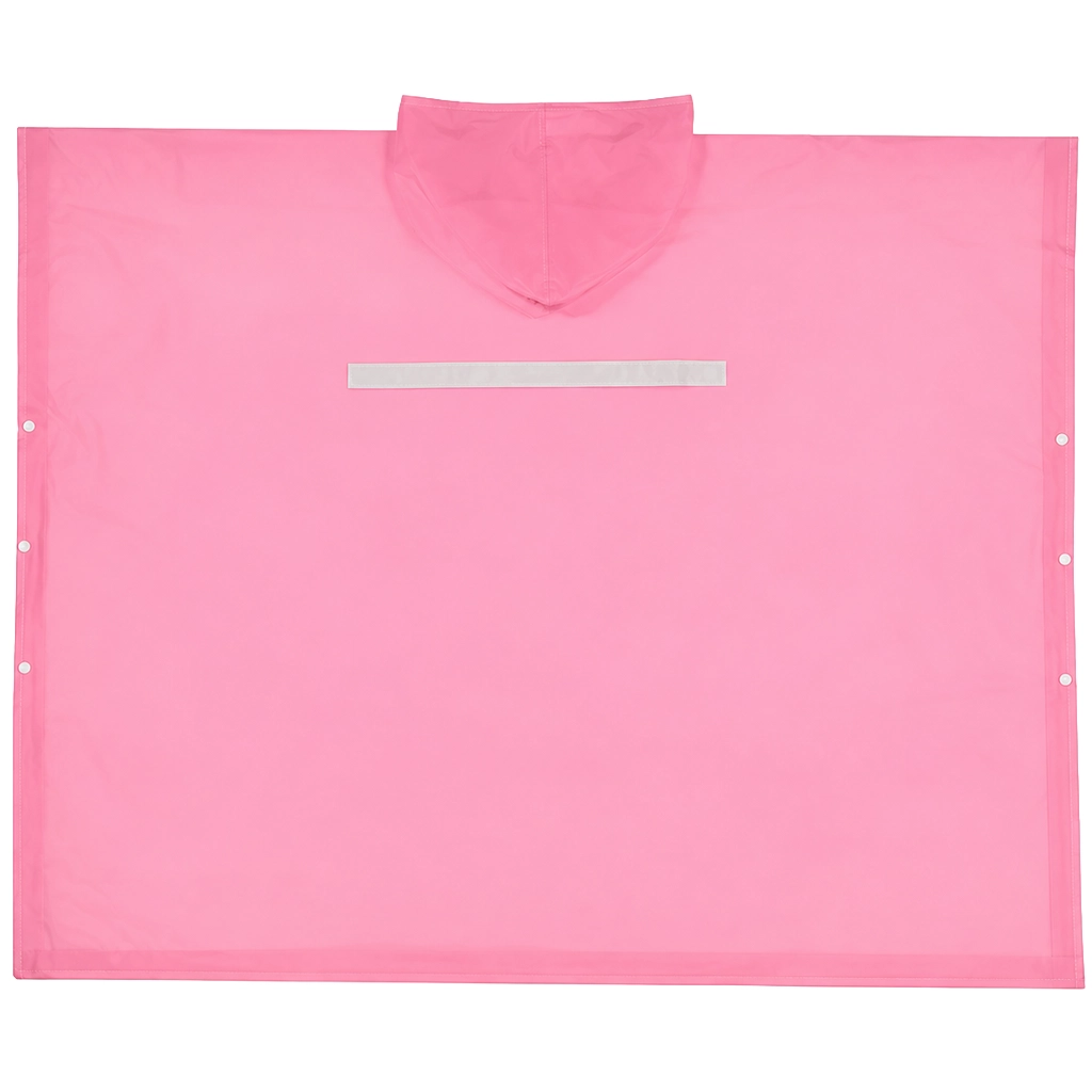 Pink rain poncho laid flat showing back reflective strip