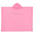 Pink rain poncho laid flat showing hood, side snap buttons and wide rectangular coverage
