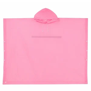 Pink rain poncho laid flat showing hood, side snap buttons and wide rectangular coverage