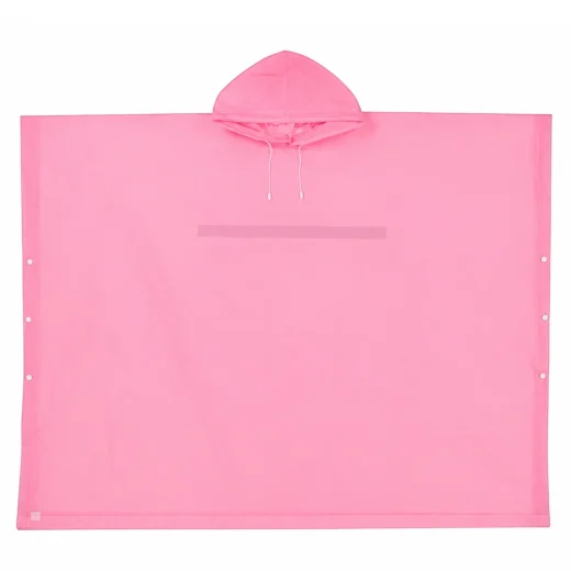 Pink rain poncho laid flat showing hood, side snap buttons and wide rectangular coverage