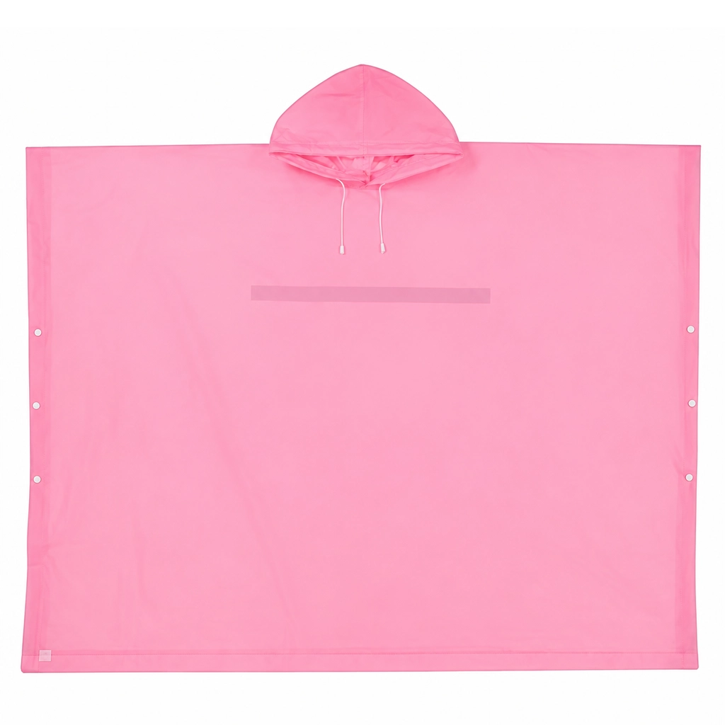 Pink rain poncho laid flat showing hood, side snap buttons and wide rectangular coverage