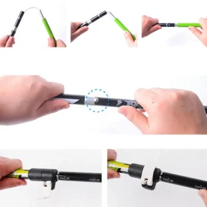 Step-by-step assembly guide showing how the green folding trekking pole sections connect and lock together