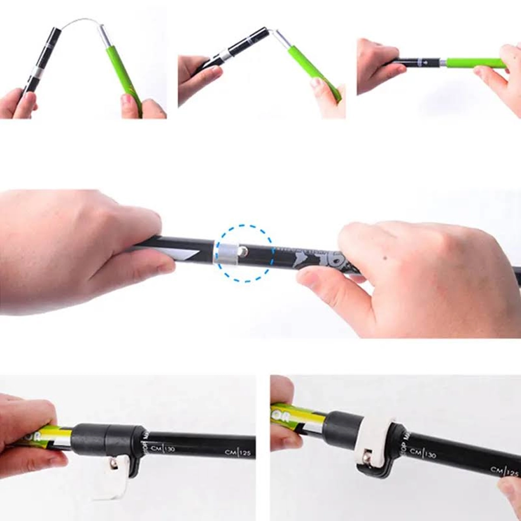 Step-by-step assembly guide showing how the green folding trekking pole sections connect and lock together