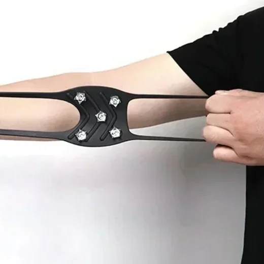 Black TPR ice grip stretched by hand to demonstrate its flexible construction