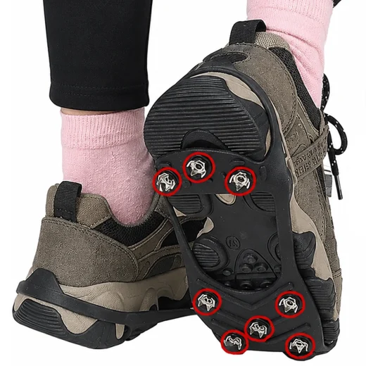 Black ice grips fitted over hiking shoes, showing eight traction studs beneath the raised sole