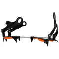 Side profile of one orange and black 10 tooth crampon showing the adjustable centre bar, toe harness and heel harness