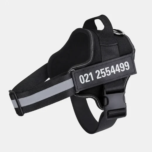 Black dog harness with phone number printed on the personalised side label