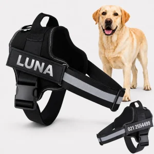 Dog Harness with Name & Phone Number – Black Reflective Size L 66–90 cm Chest
