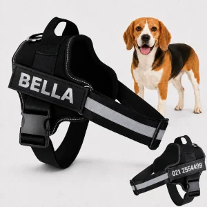 Custom Dog Harness with Name & Phone Number – Black Reflective Medium 51–67cm Chest