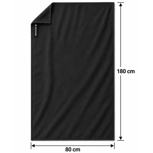 Black Vuno Large Microfibre Ultralight Towel laid flat showing its 80 x 180 cm dimensions.