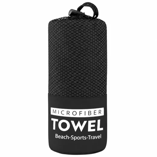 Black Vuno Large Microfibre Ultralight Towel packed inside its compact black mesh drawstring storage bag.