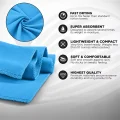 Blue Vuno microfibre towel feature image showing the fabric texture and key benefits including quick drying absorbency and lightweight compact use