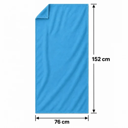 Blue Vuno microfibre towel laid flat showing its 76 x 152 cm dimensions