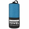 Blue Vuno microfibre towel packed inside a black mesh storage bag labelled microfibre towel