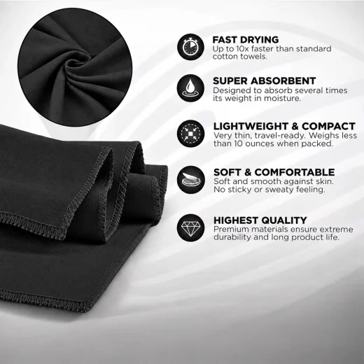 Close-up of the black Vuno microfibre towel showing its soft fabric and stitched edging.