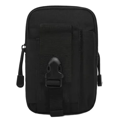 Front view of Vuno black Waist Bag Pouch with buckle strap and dual zipper pulls
